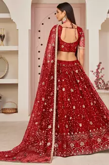 Red embroidered net semi stitched lehenga