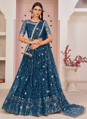 Sea-green embroidered net semi stitched lehenga 1