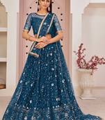 Sea-green embroidered net semi stitched lehenga