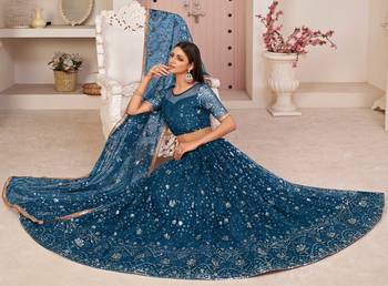 Sea-green embroidered net semi stitched lehenga 2