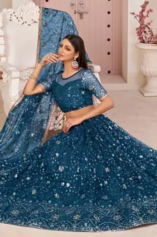 Sea-green embroidered net semi stitched lehenga