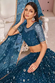 Sea-green embroidered net semi stitched lehenga