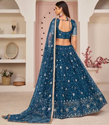 Sea-green embroidered net semi stitched lehenga 4