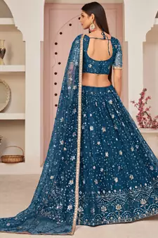 Sea-green embroidered net semi stitched lehenga