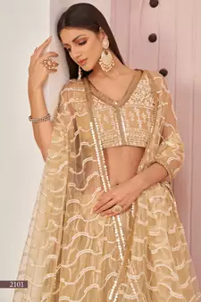 Beige embroidered net semi stitched lehenga