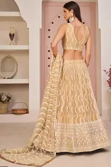 Beige embroidered net semi stitched lehenga