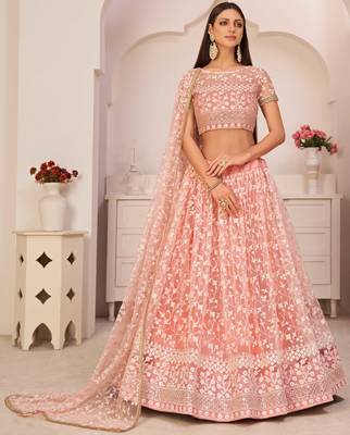 Light-pink embroidered net semi stitched lehenga 1