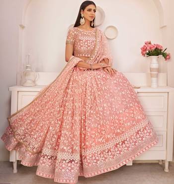 Light-pink embroidered net semi stitched lehenga 2
