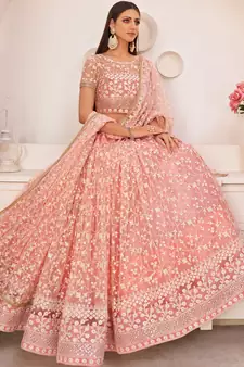 Light-pink embroidered net semi stitched lehenga