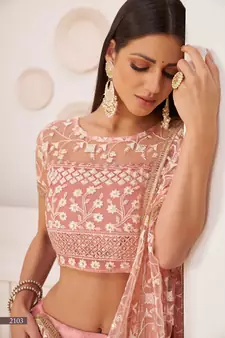 Light-pink embroidered net semi stitched lehenga
