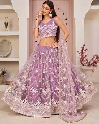 Light-lavender embroidered net semi stitched lehenga 1