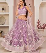 Light-lavender embroidered net semi stitched lehenga