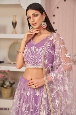 Light-lavender embroidered net semi stitched lehenga 3