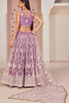 Light-lavender embroidered net semi stitched lehenga