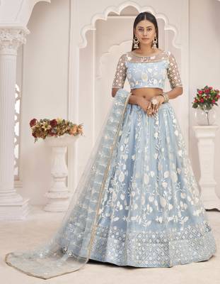Turquoise embroidered net semi stitched lehenga 1