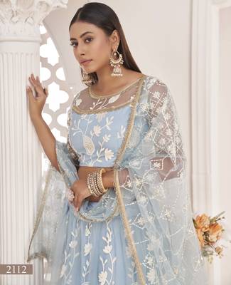 Turquoise embroidered net semi stitched lehenga 2