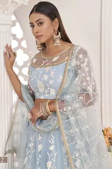Turquoise embroidered net semi stitched lehenga