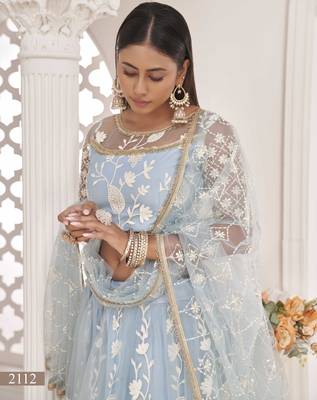 Turquoise embroidered net semi stitched lehenga 3