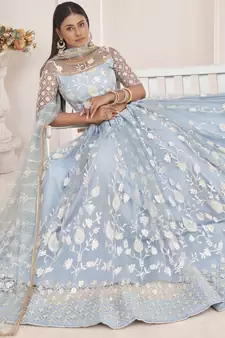 Turquoise embroidered net semi stitched lehenga
