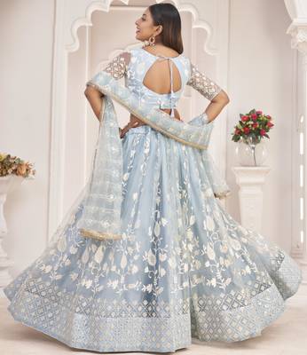 Turquoise embroidered net semi stitched lehenga 5