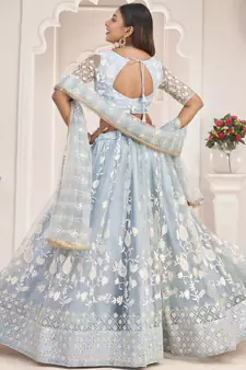 Turquoise embroidered net semi stitched lehenga