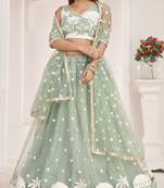 Green embroidered net semi stitched lehenga