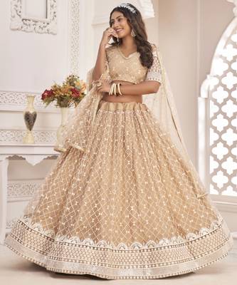 Beige embroidered net semi stitched lehenga 2