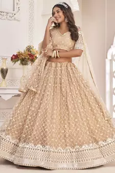 Beige embroidered net semi stitched lehenga