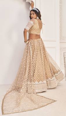 Beige embroidered net semi stitched lehenga 4