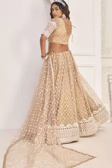 Beige embroidered net semi stitched lehenga