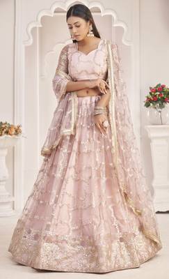 Light-pink embroidered net semi stitched lehenga 1
