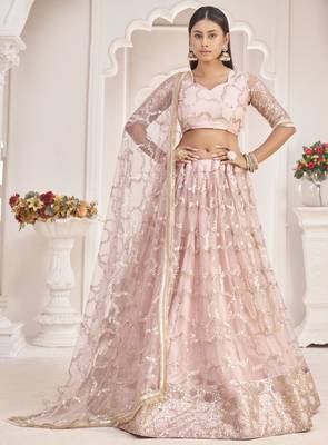 Light-pink embroidered net semi stitched lehenga 2