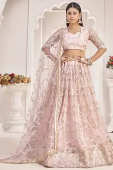 Light-pink embroidered net semi stitched lehenga