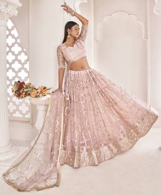 Light-pink embroidered net semi stitched lehenga 3