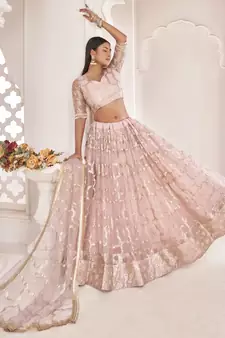 Light-pink embroidered net semi stitched lehenga