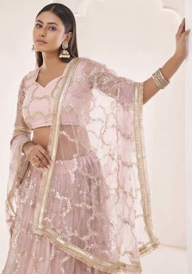 Light-pink embroidered net semi stitched lehenga 4