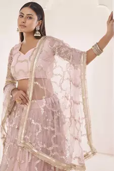 Light-pink embroidered net semi stitched lehenga