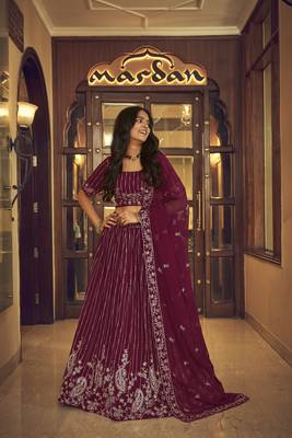 Wine embroidered georgette semi stitched lehenga 1