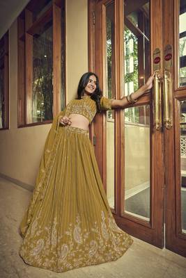 Mustard embroidered georgette semi stitched lehenga 1