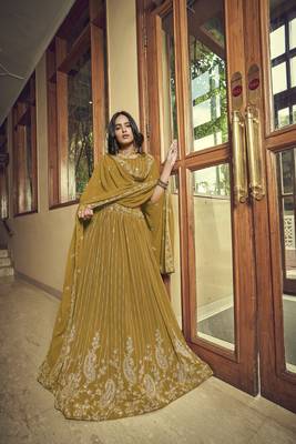 Mustard embroidered georgette semi stitched lehenga 3