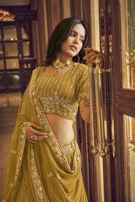 Mustard embroidered georgette semi stitched lehenga 4