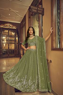 Green embroidered georgette semi stitched lehenga 1
