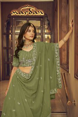 Green embroidered georgette semi stitched lehenga 4
