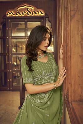 Green embroidered georgette semi stitched lehenga 5