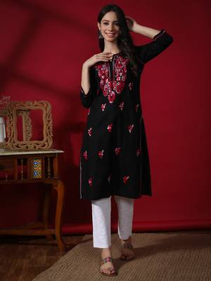 Black embroidered cotton chikankari-kurtis 1