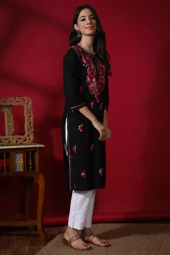 Black embroidered cotton chikankari-kurtis