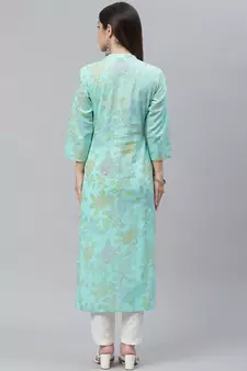 Sea-green printed cotton ethnic-kurtis