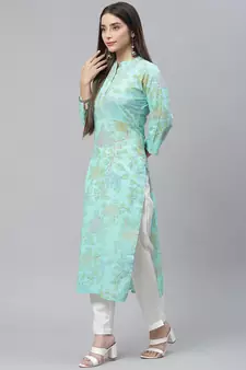 Sea-green printed cotton ethnic-kurtis