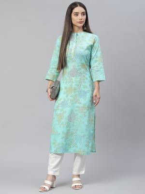Sea-green printed cotton ethnic-kurtis 5