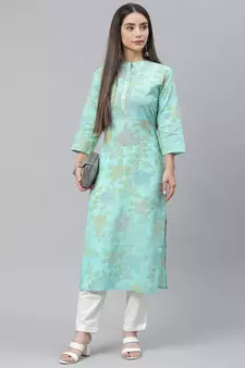 Sea-green printed cotton ethnic-kurtis